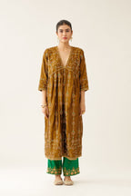 Golden olive silk embroidered kurta dress set with fine gathers at empire line.