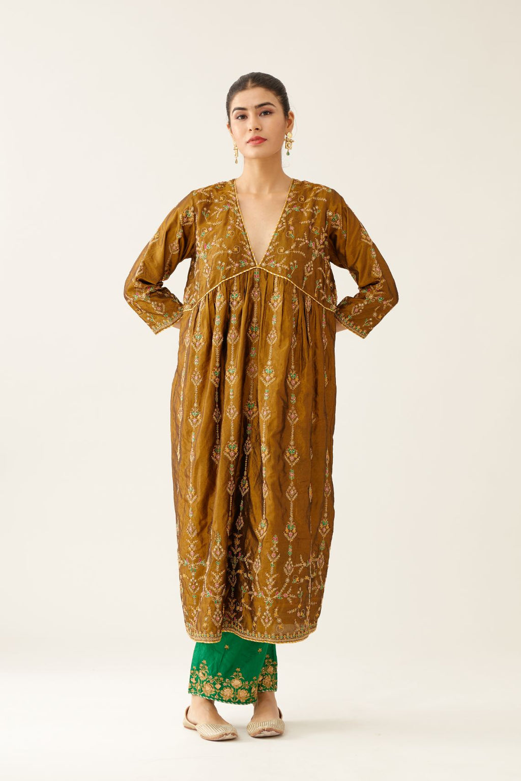 Golden olive silk embroidered kurta dress set with fine gathers at empire line.