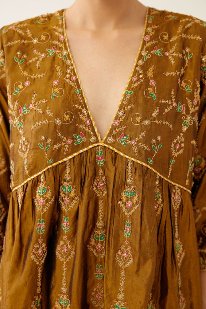 Golden olive silk embroidered kurta dress set with fine gathers at empire line.
