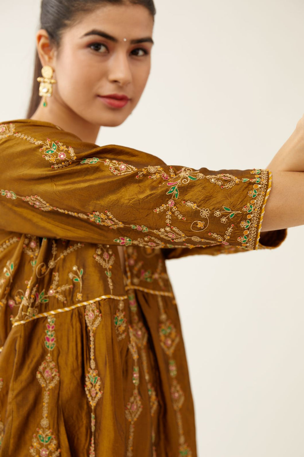 Golden olive silk embroidered kurta dress set with fine gathers at empire line.