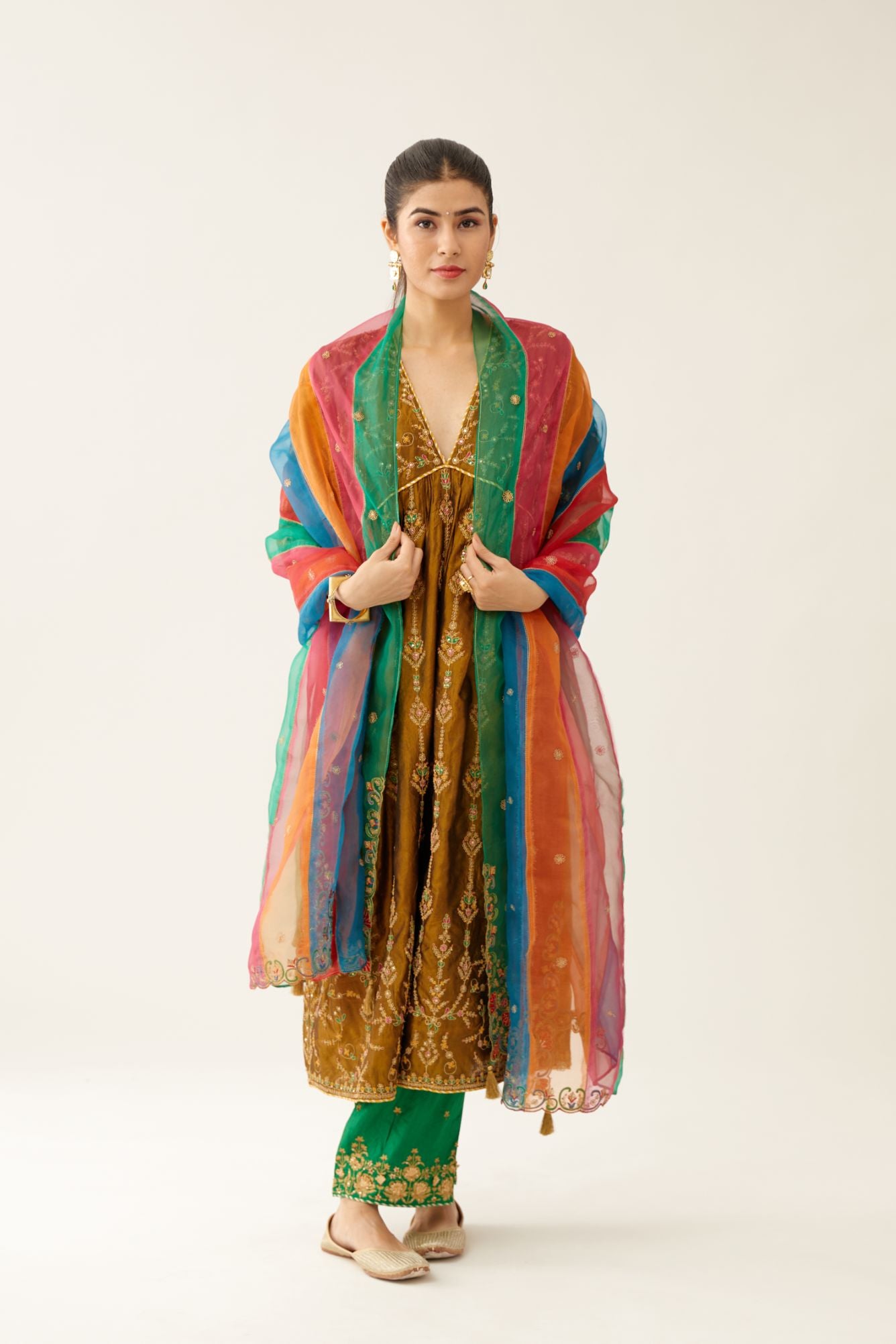 Golden olive silk embroidered kurta dress set with fine gathers at empire line.