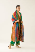 Golden olive silk embroidered kurta dress set with fine gathers at empire line.