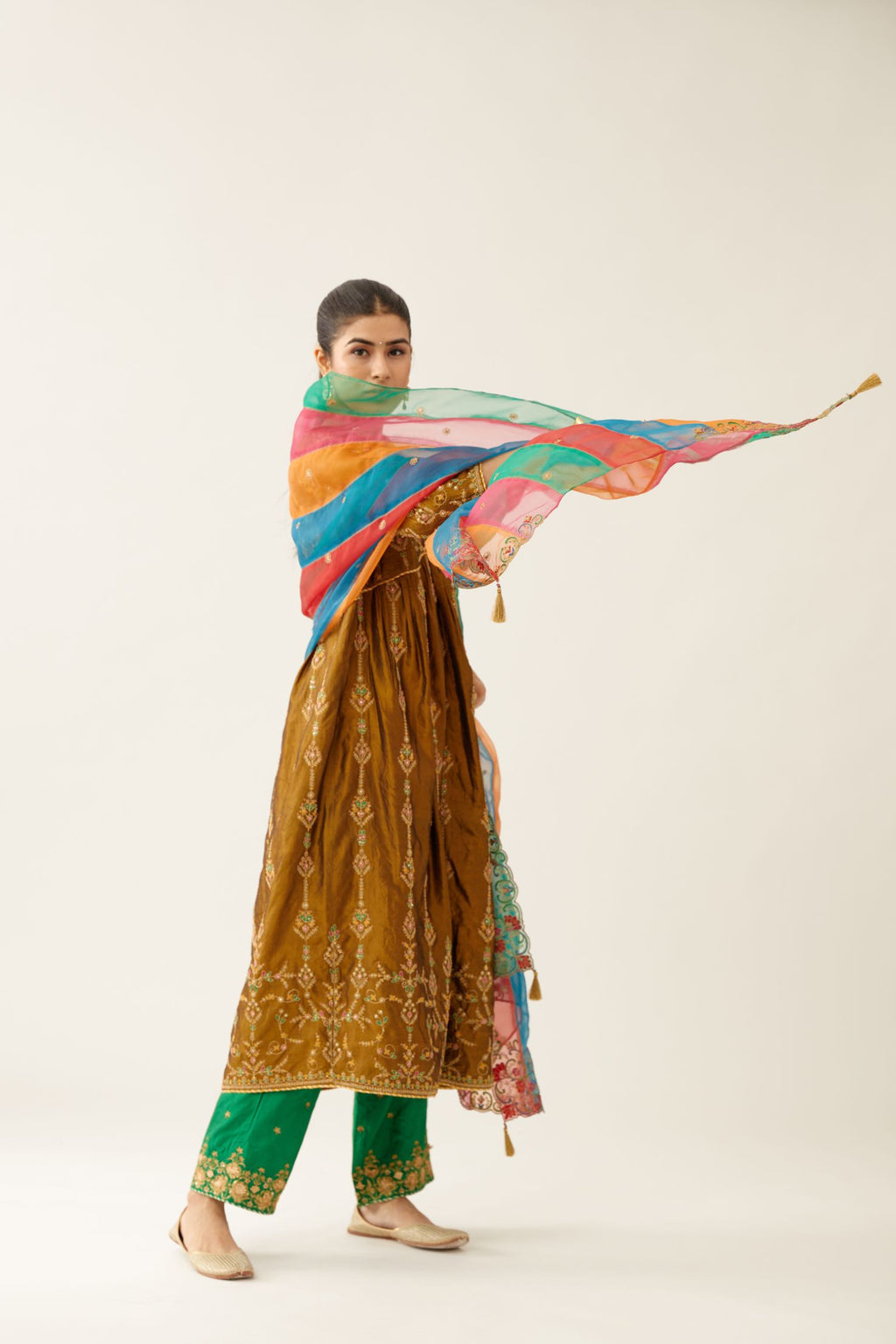 Golden olive silk embroidered kurta dress set with fine gathers at empire line.