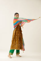 Golden olive silk embroidered kurta dress set with fine gathers at empire line.