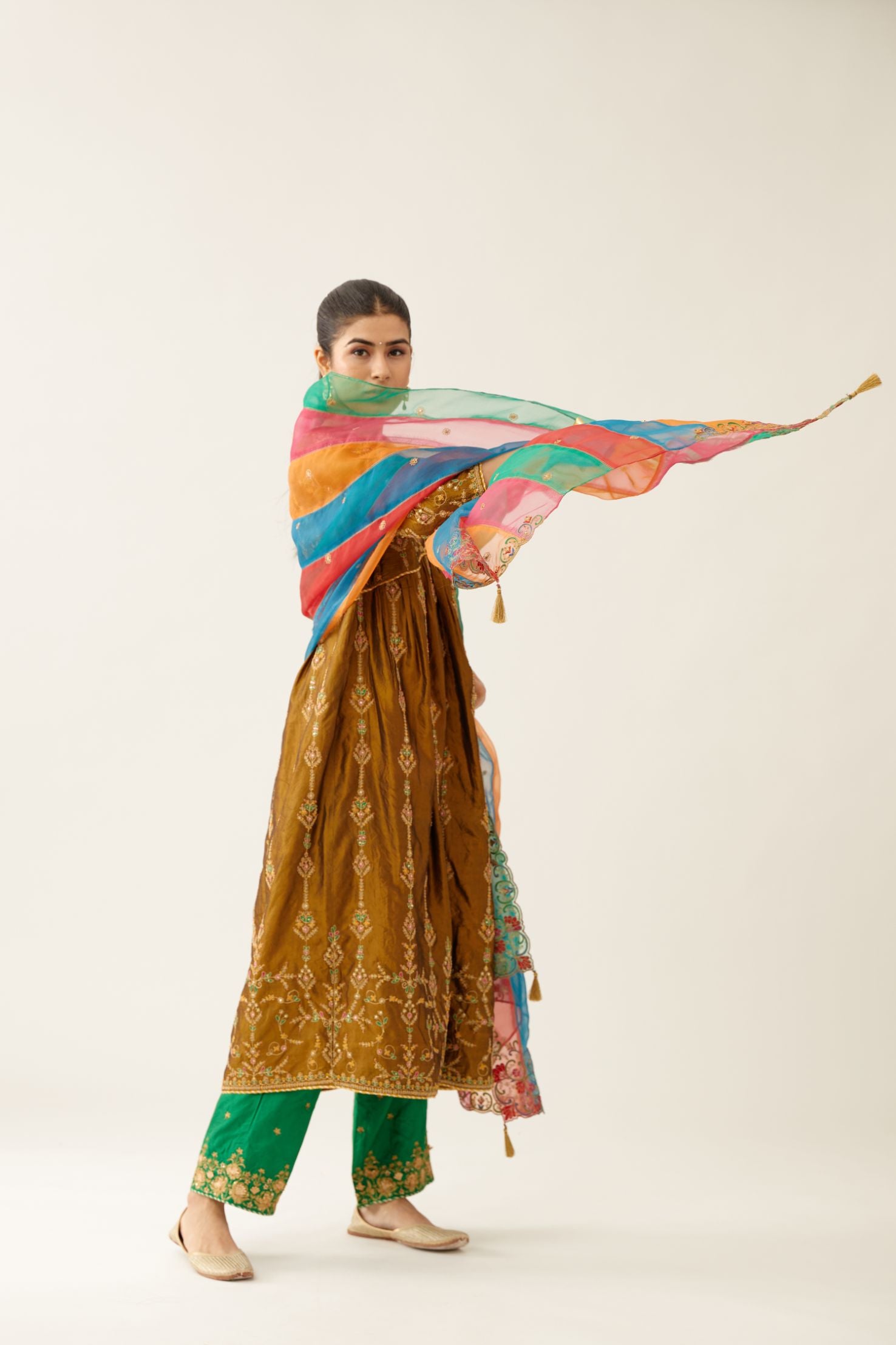 Golden olive silk embroidered kurta dress set with fine gathers at empire line.