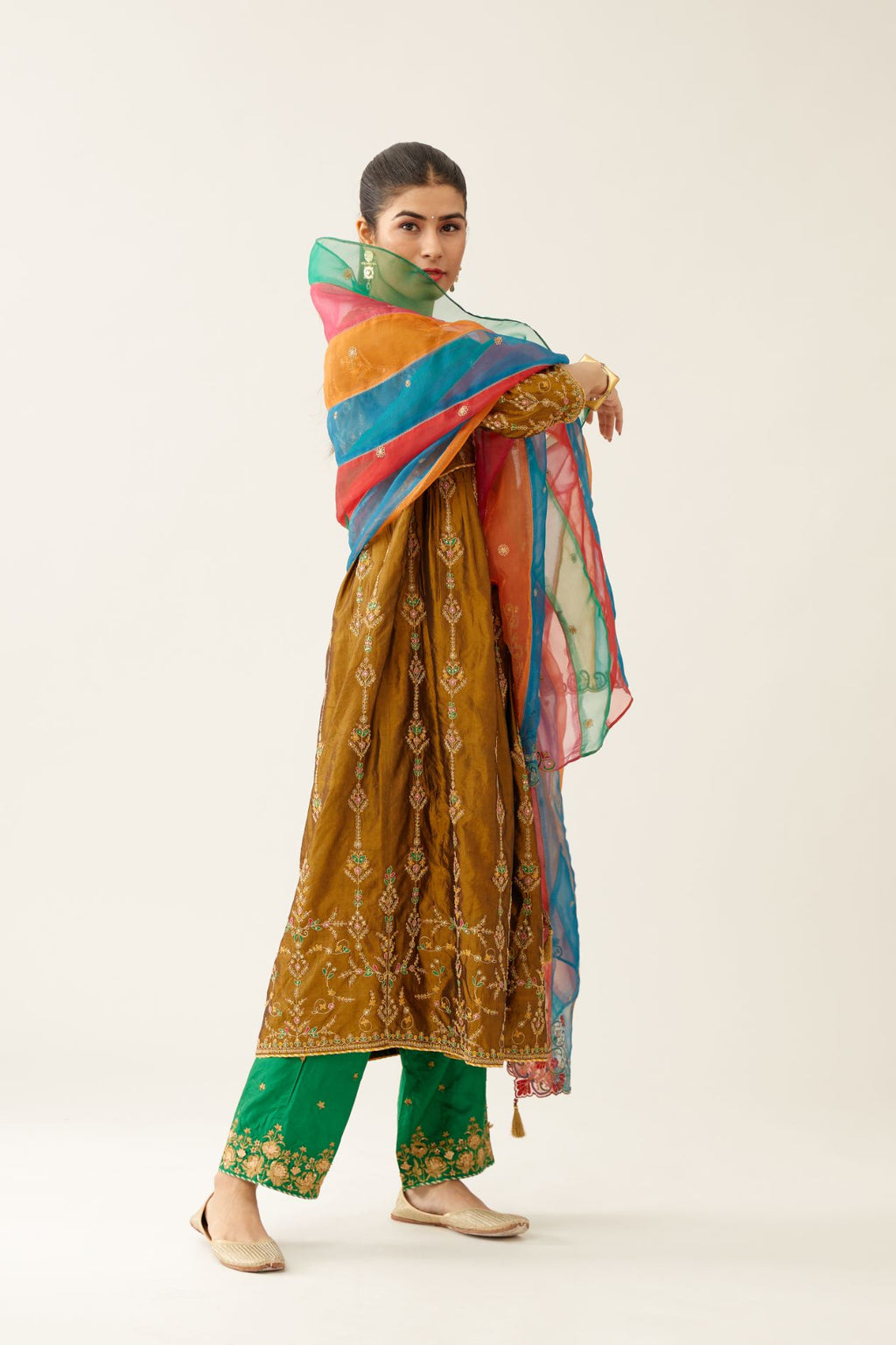 Golden olive silk embroidered kurta dress set with fine gathers at empire line.