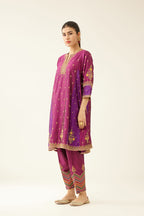Sangria & plum purple silk short kalidar kurta set with all over dori & silk thread embroidery, highlighted with contrast bead & sequins work.