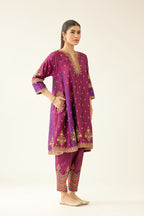 Sangria & plum purple silk short kalidar kurta set with all over dori & silk thread embroidery, highlighted with contrast bead & sequins work.