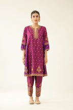 Sangria & plum purple silk short kalidar kurta set with all over dori & silk thread embroidery, highlighted with contrast bead & sequins work.