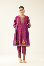Sangria & plum purple silk short kalidar kurta set with all over dori & silk thread embroidery, highlighted with contrast bead & sequins work.