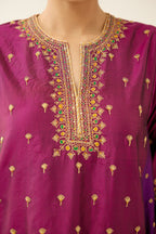 Sangria & plum purple silk short kalidar kurta set with all over dori & silk thread embroidery, highlighted with contrast bead & sequins work.
