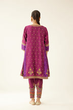 Sangria & plum purple silk short kalidar kurta set with all over dori & silk thread embroidery, highlighted with contrast bead & sequins work.