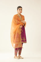 Sangria & plum purple silk short kalidar kurta set with all over dori & silk thread embroidery, highlighted with contrast bead & sequins work.
