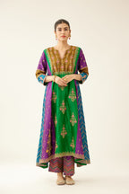 Color blocked multi panelled silk kurta dress set with asymmetric hem, highlighted with all over delicate dori & silk thread embroidery.