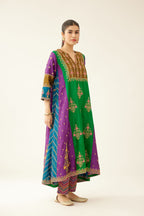 Color blocked multi panelled silk kurta dress set with asymmetric hem, highlighted with all over delicate dori & silk thread embroidery.