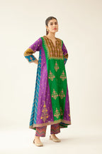 Color blocked multi panelled silk kurta dress set with asymmetric hem, highlighted with all over delicate dori & silk thread embroidery.