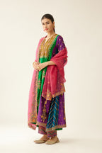 Color blocked multi panelled silk kurta dress set with asymmetric hem, highlighted with all over delicate dori & silk thread embroidery.