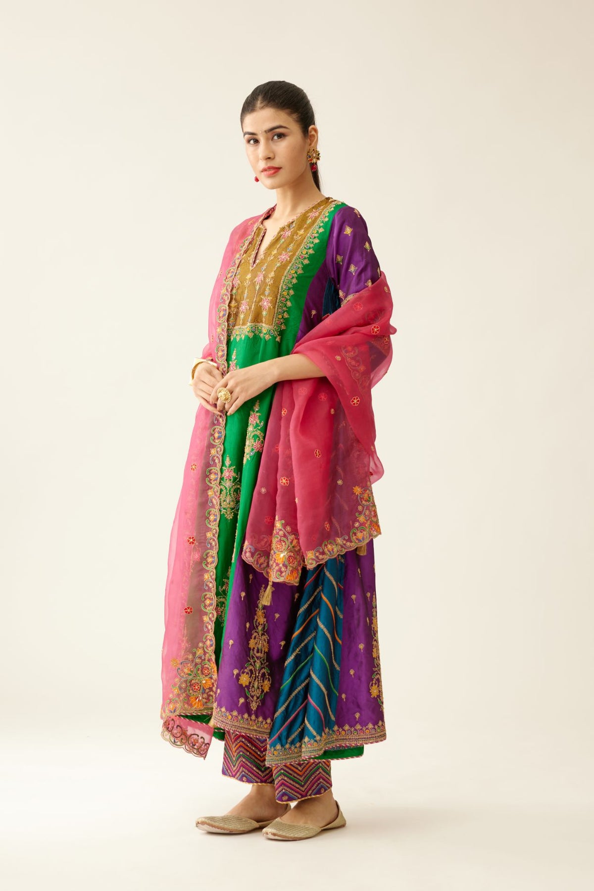 Color blocked multi panelled silk kurta dress set with asymmetric hem, highlighted with all over delicate dori & silk thread embroidery.