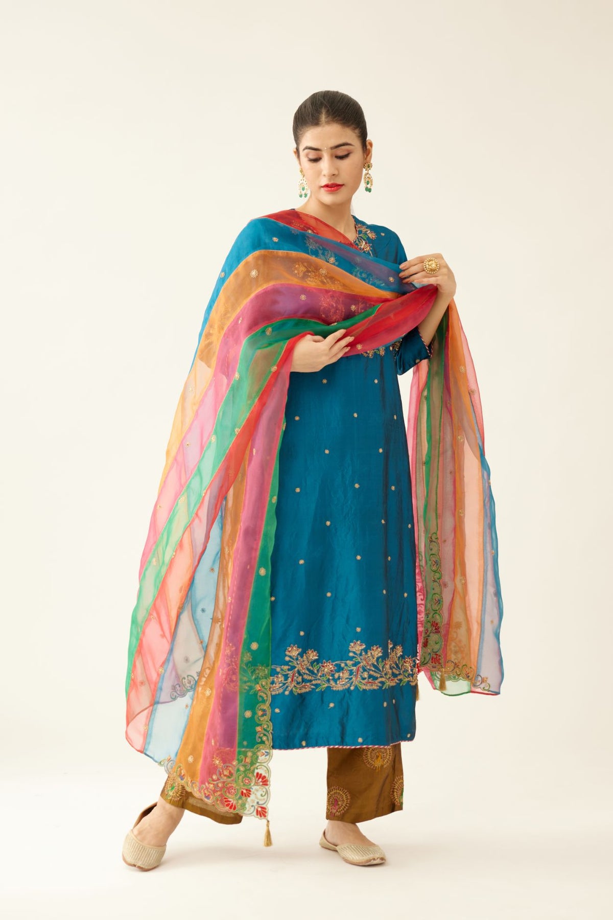 Multi colored silk organza dupatta with all-over delicate dori & silk thread embroidery, highlighted with bead and sequins work.