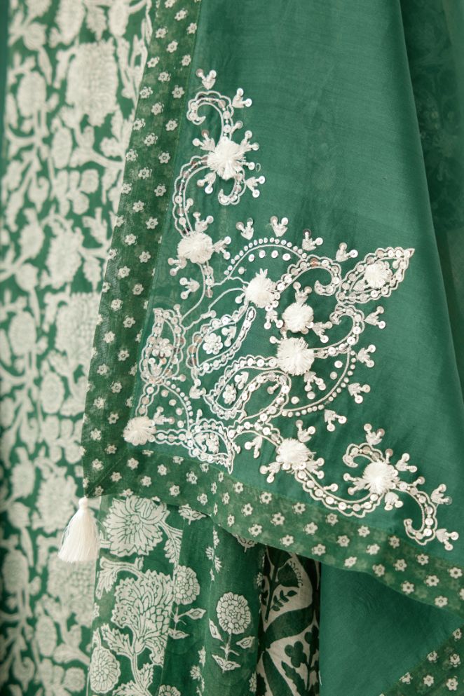 Green hand block printed easy fit, asymmetric hem, paneled kurta set with sequins, tassels and bead work.