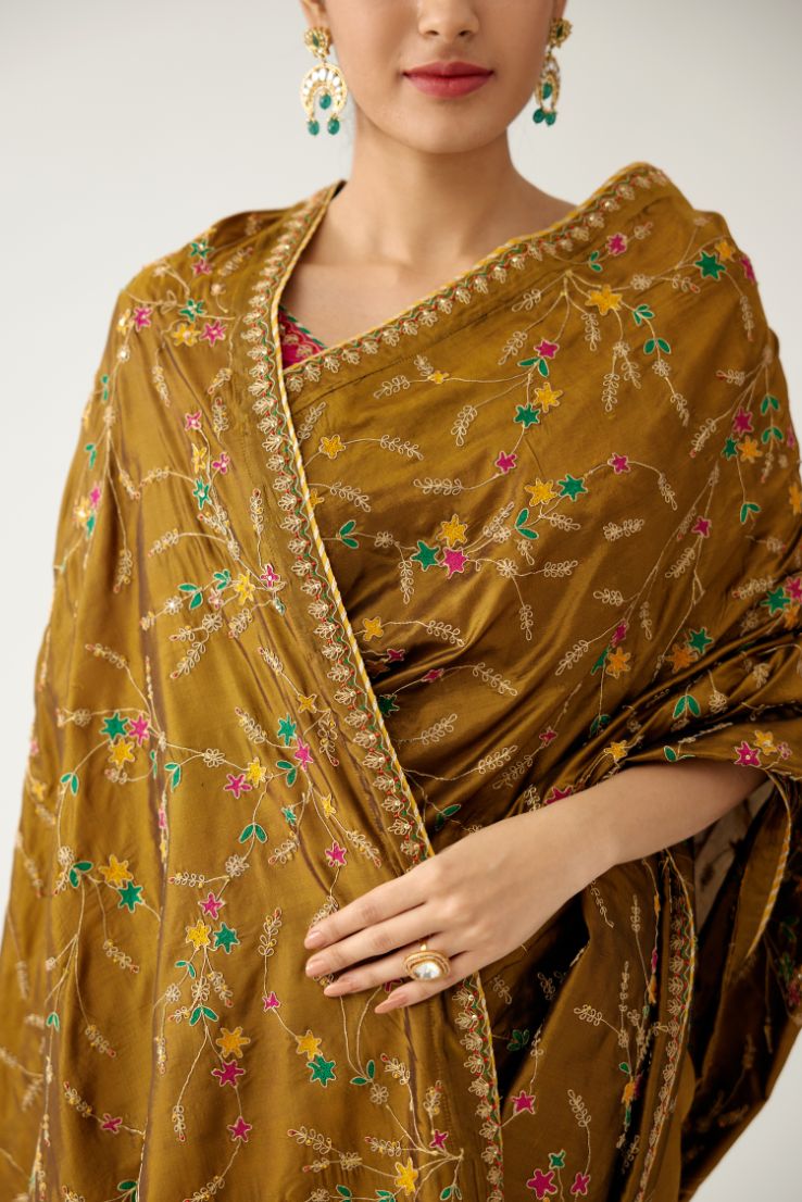 Golden olive silk saree set, detailed with all over delicate dori and silk thread embroidery work, paired with raspberry silk blouse with princess seams and all-over delicate dori and silk thread embroidered.