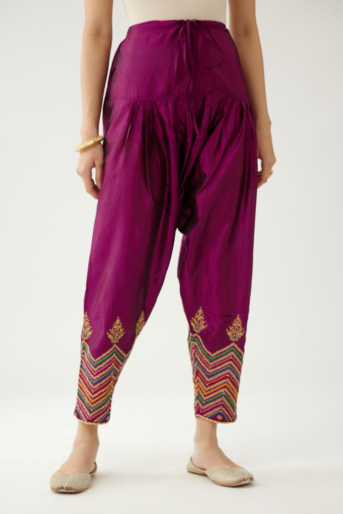 Sangria silk salwar detailed with dori, silk thread, bead & sequins embroidery.