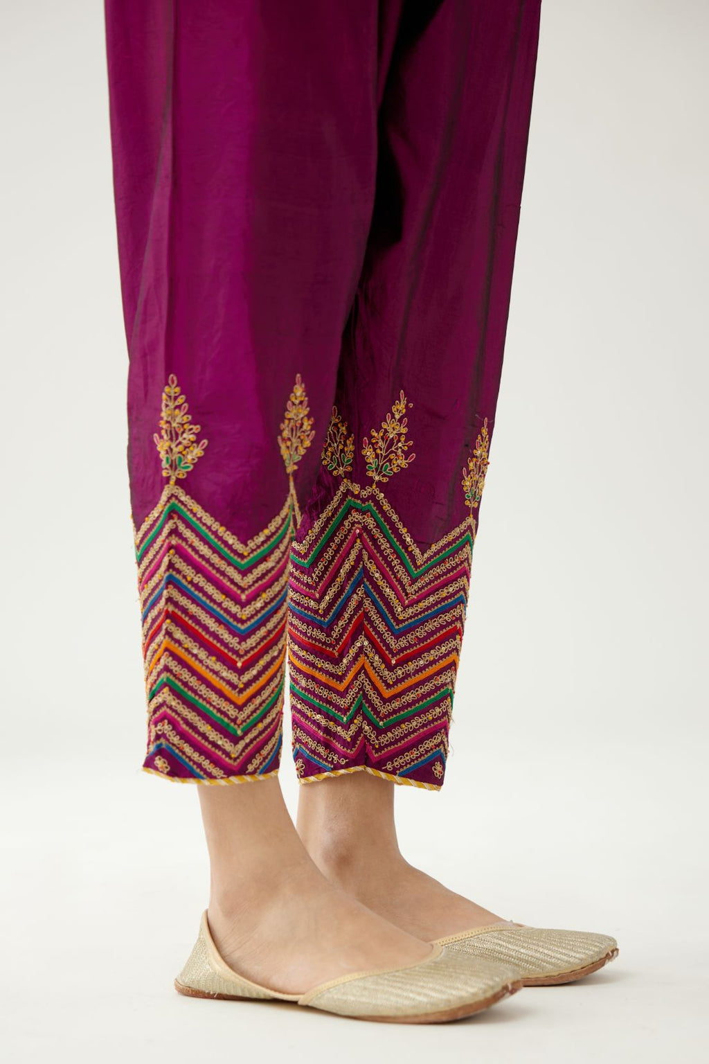 Sangria silk salwar detailed with dori, silk thread, bead & sequins embroidery.
