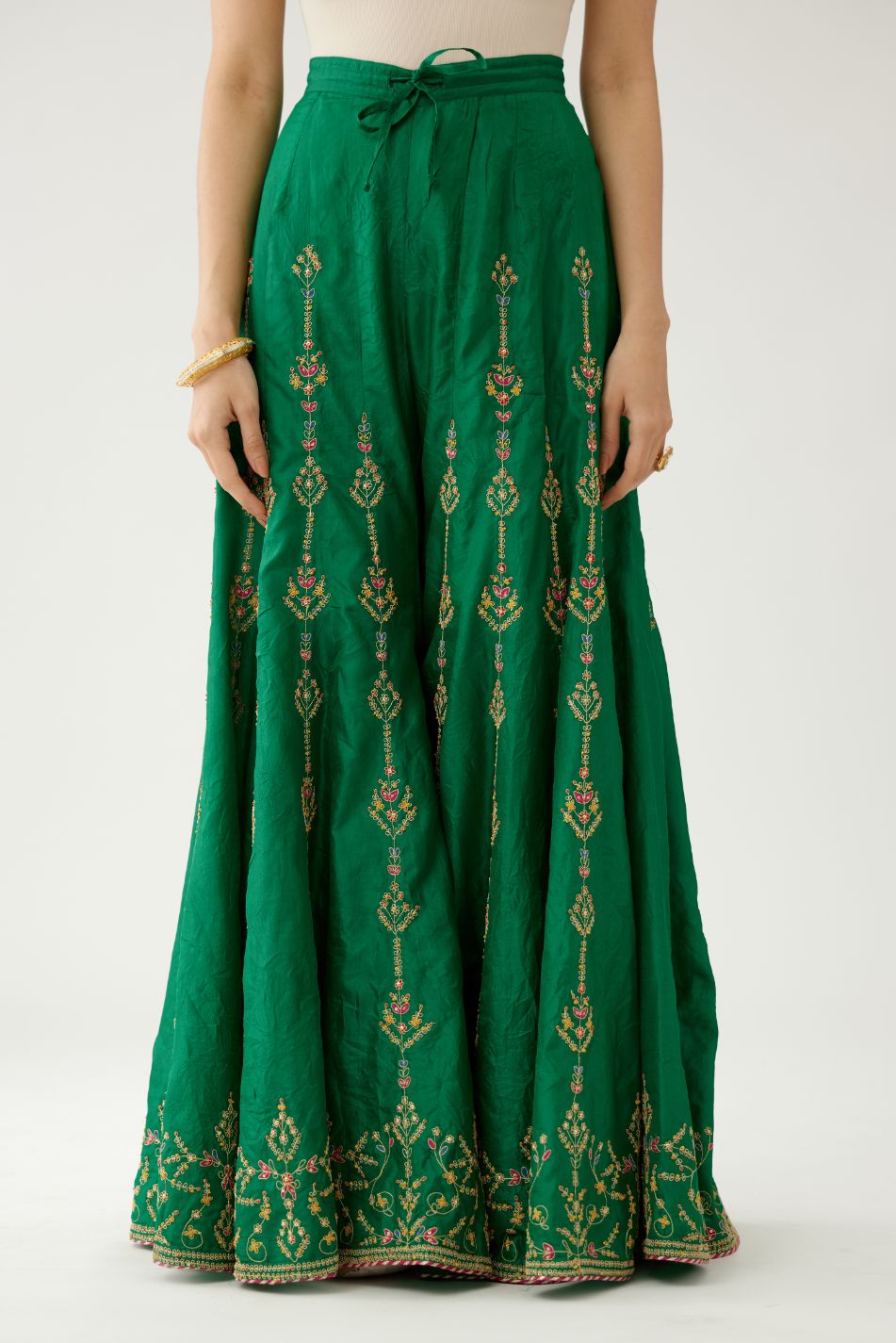 Green silk farshi with all-over dori and silk thread embroider.