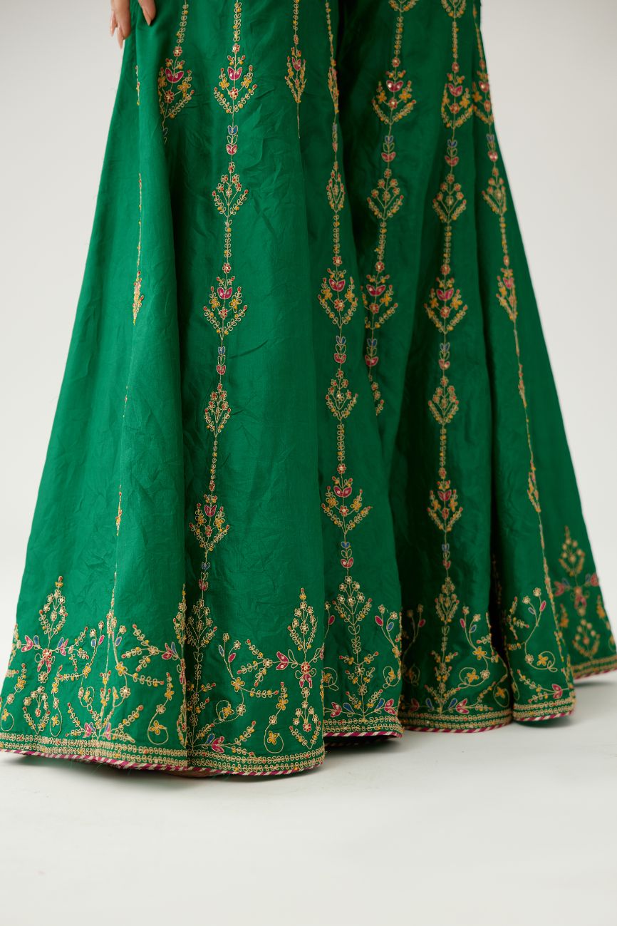 Green silk farshi with all-over dori and silk thread embroider.