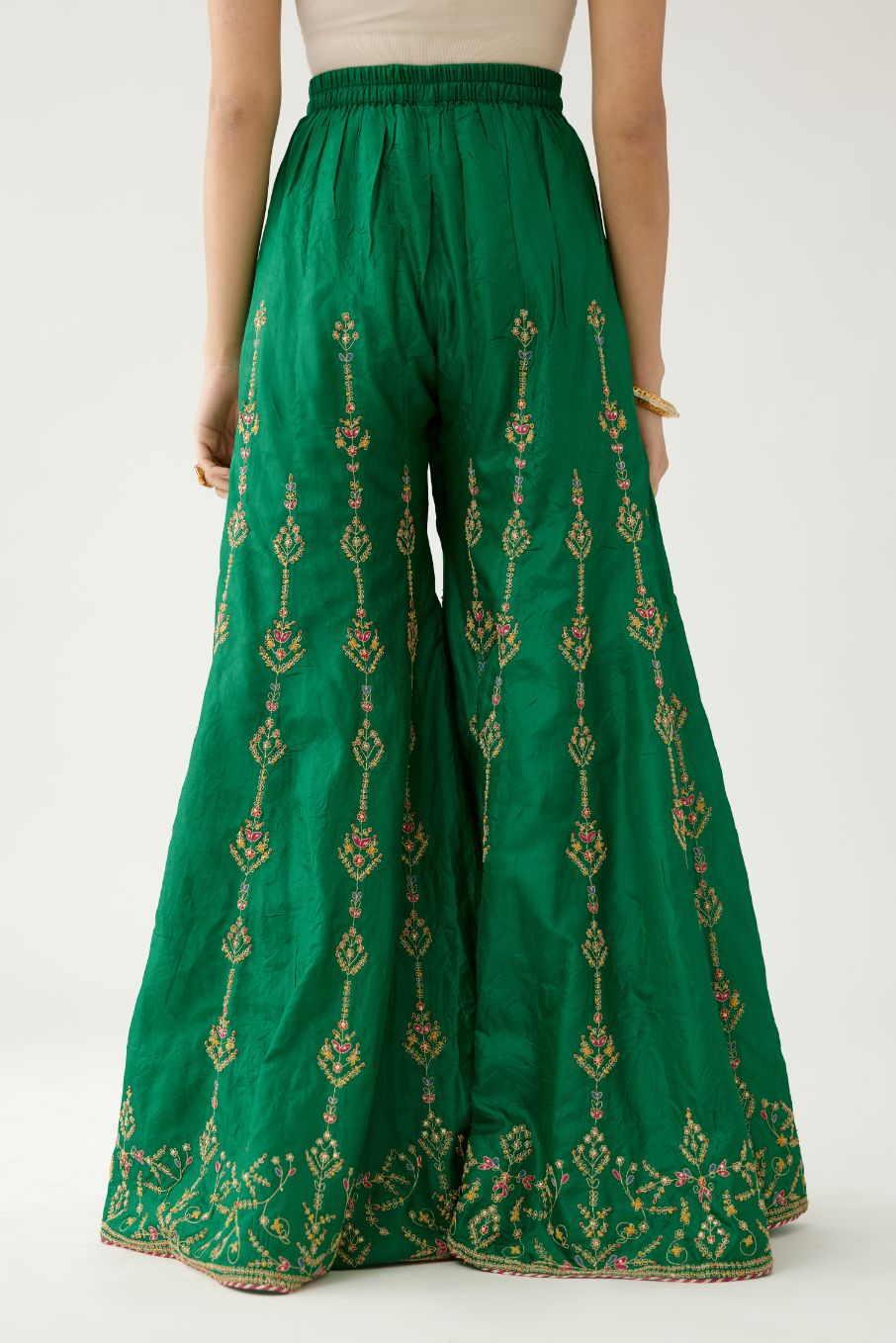 Green silk farshi with all-over dori and silk thread embroider.