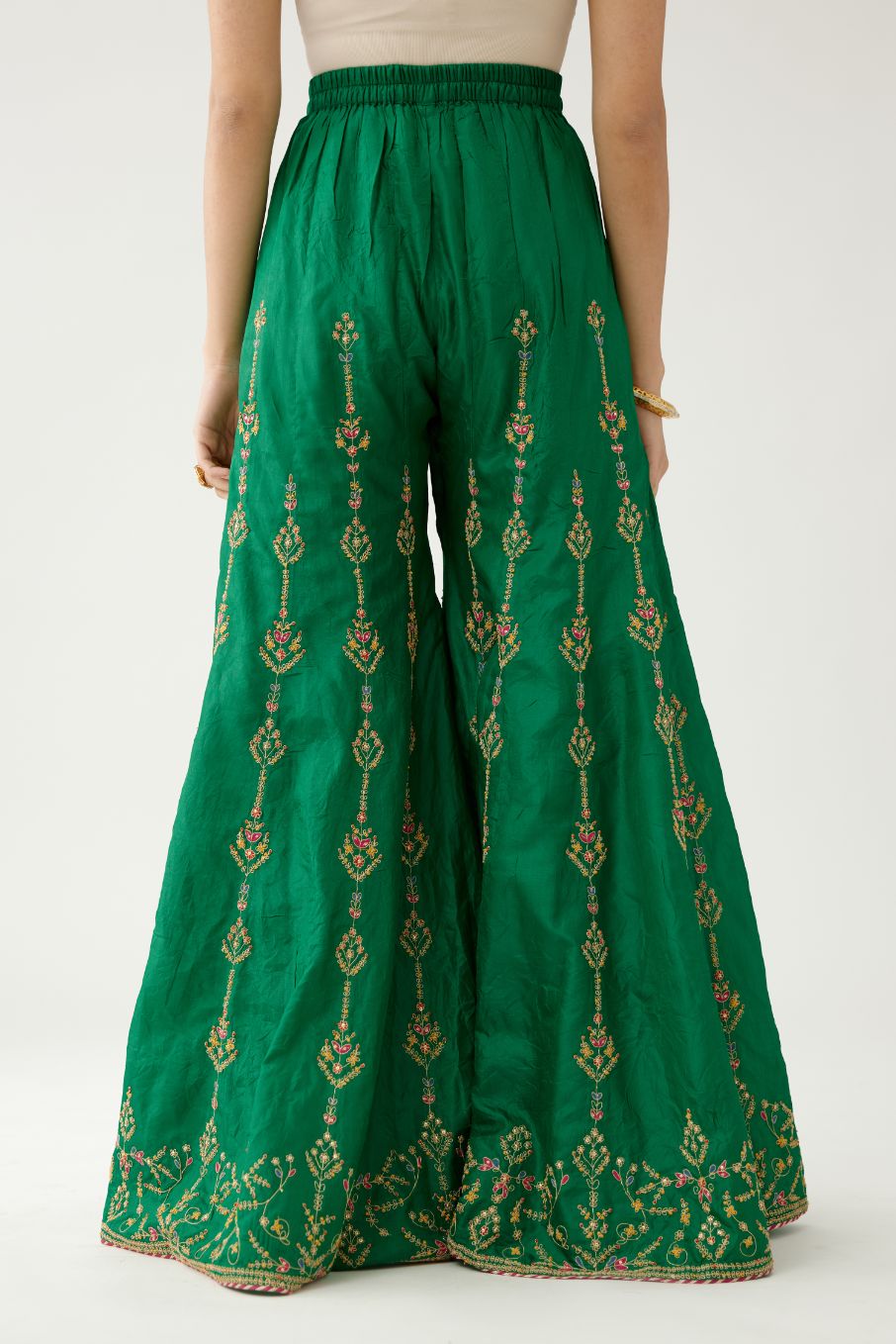 Green silk farshi with all-over dori and silk thread embroider.
