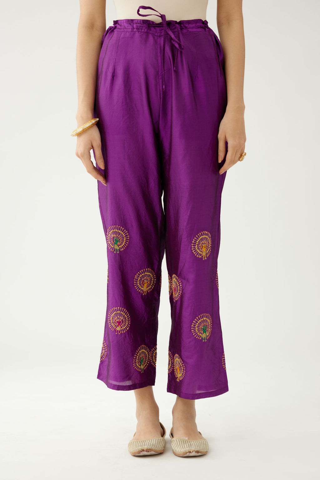 Plum purple silk straight pants with dori and silk thread embroidery.