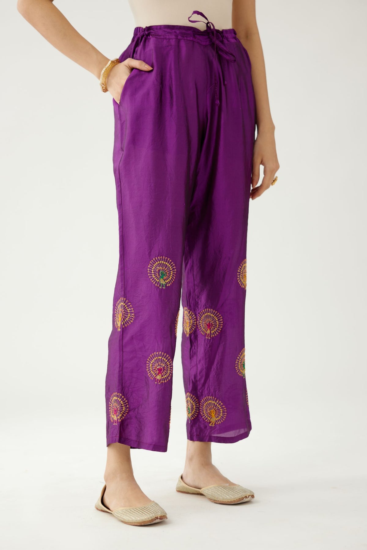 Plum purple silk straight pants with dori and silk thread embroidery.