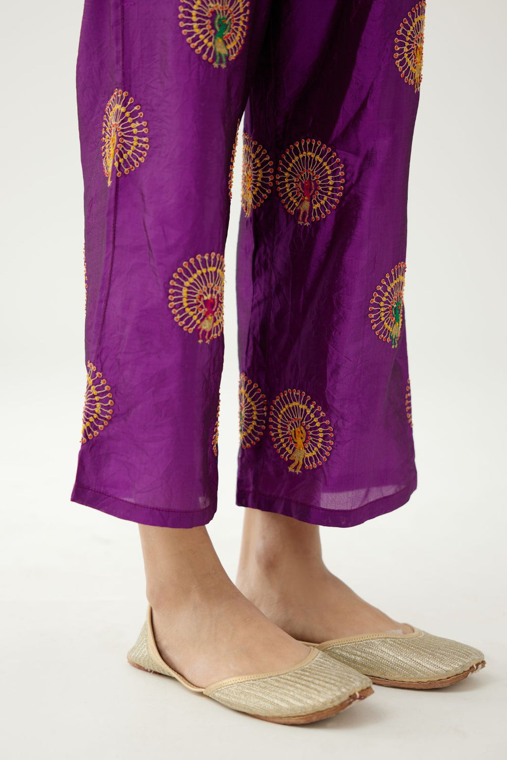 Plum purple silk straight pants with dori and silk thread embroidery.