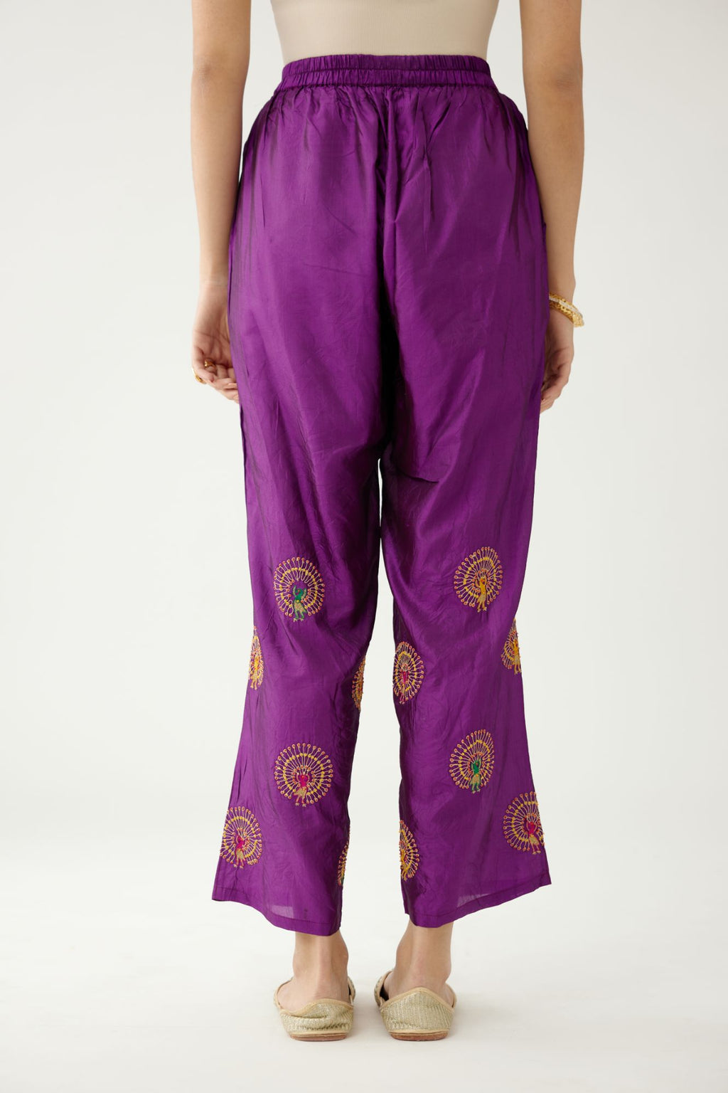 Plum purple silk straight pants with dori and silk thread embroidery.