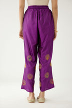 Plum purple silk straight pants with dori and silk thread embroidery.