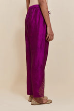 Purple Silk pants with hand embroidered leaf motifs with delicate sequins work at hem.