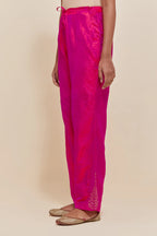 Fuchsia Silk pants with hand embroidered leaf motifs with delicate sequins work at hem.