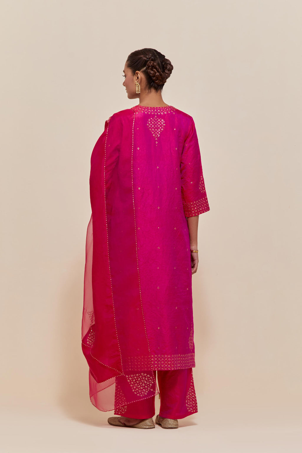 Fuchsia Silk Chanderi straight kurta set featuring all-over hand-embroidered gold sequins.