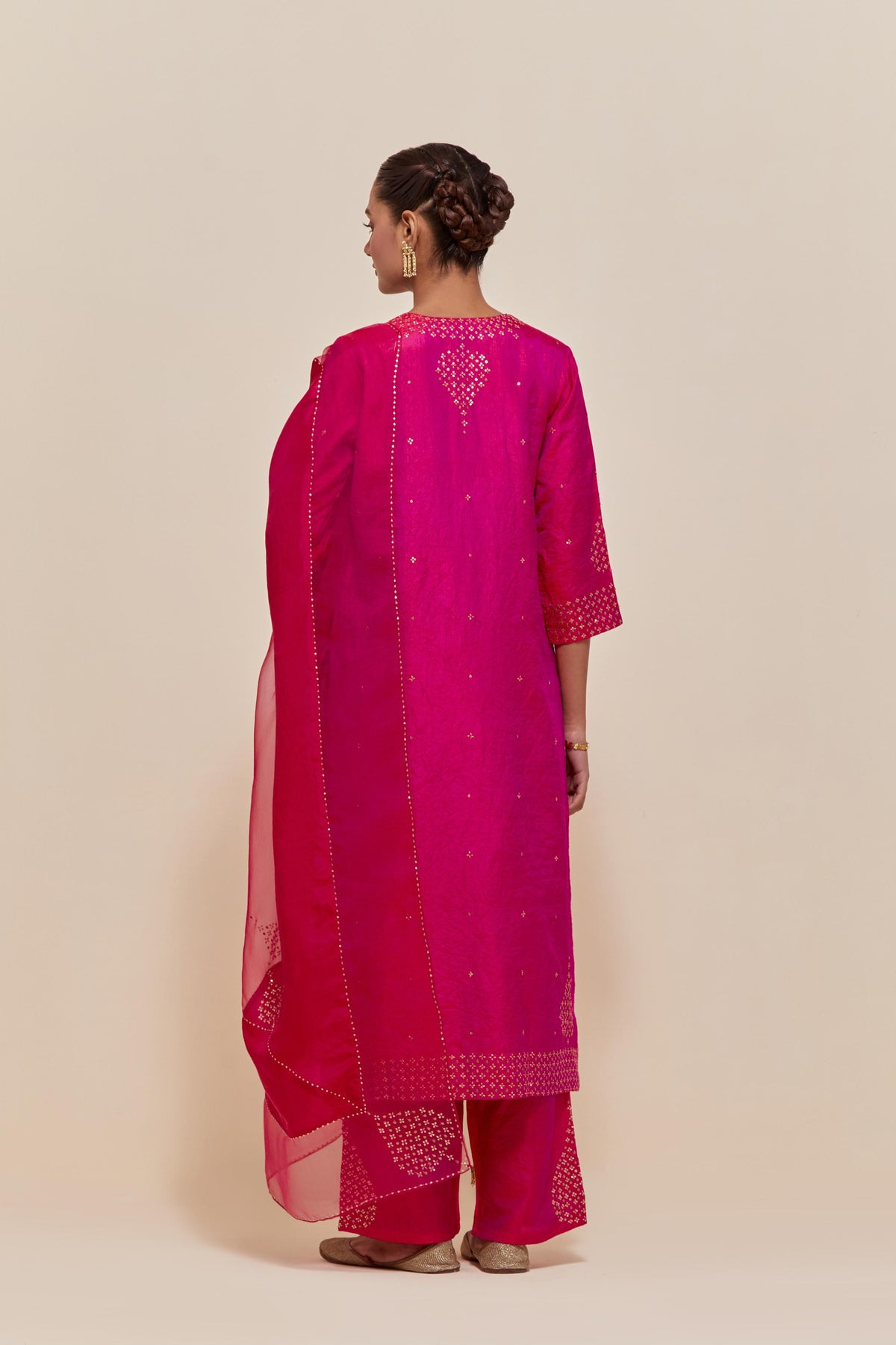 Fuchsia Silk Chanderi straight kurta set featuring all-over hand-embroidered gold sequins.