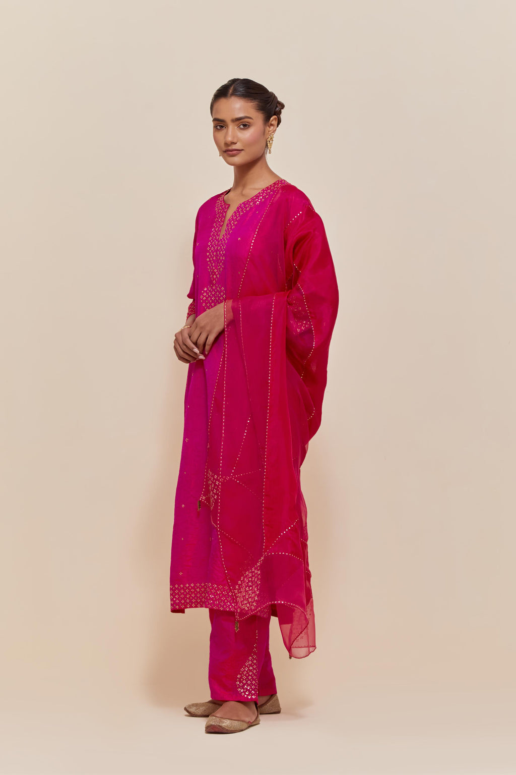 Fuchsia Silk Chanderi straight kurta set featuring all-over hand-embroidered gold sequins.