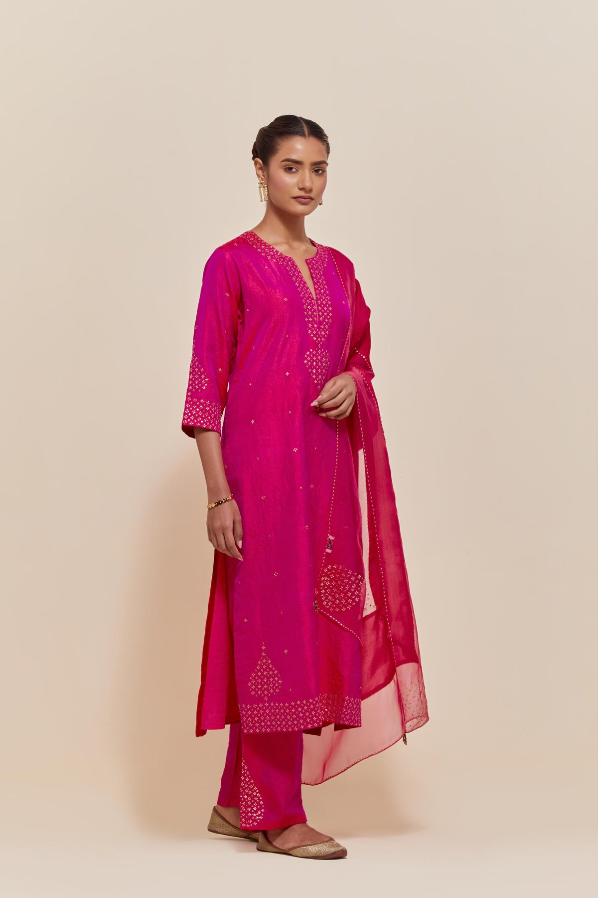 Fuchsia Silk Chanderi straight kurta set featuring all-over hand-embroidered gold sequins.