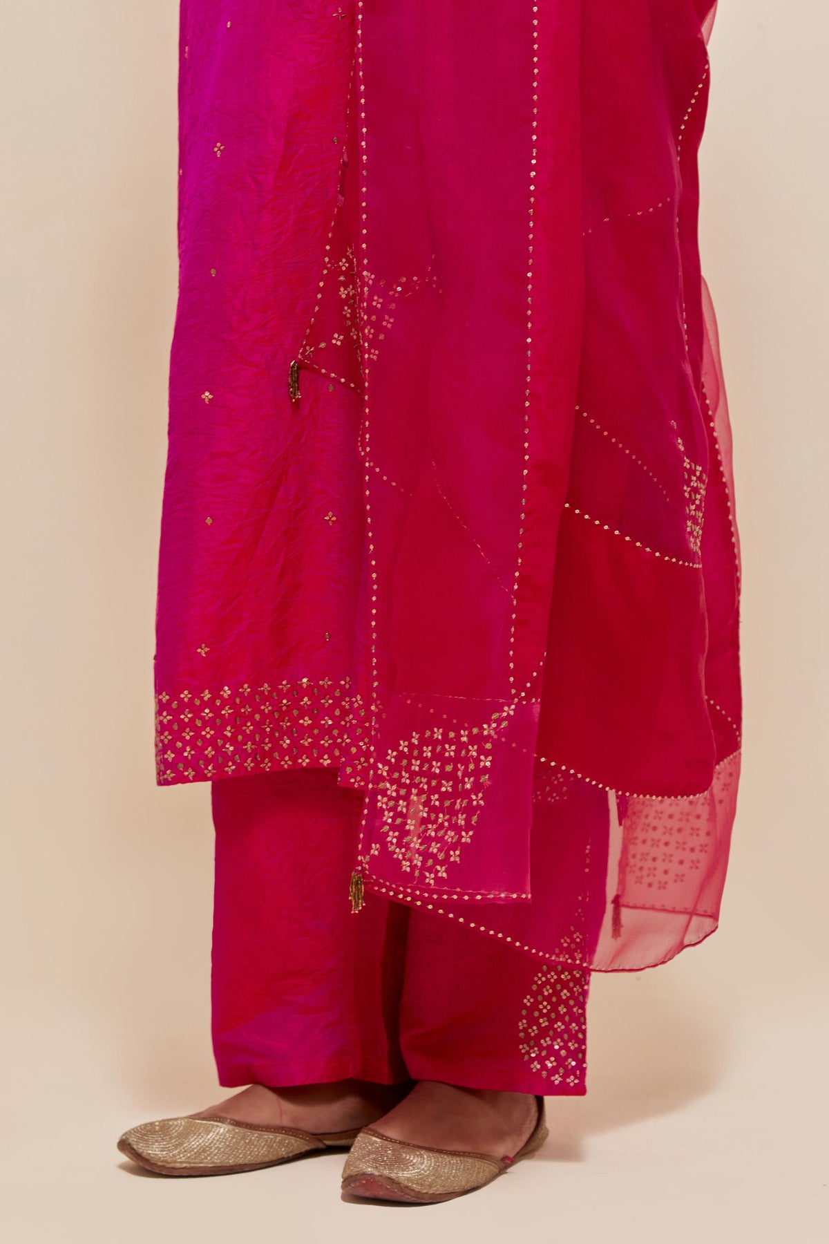 Fuchsia Silk Chanderi straight kurta set featuring all-over hand-embroidered gold sequins.