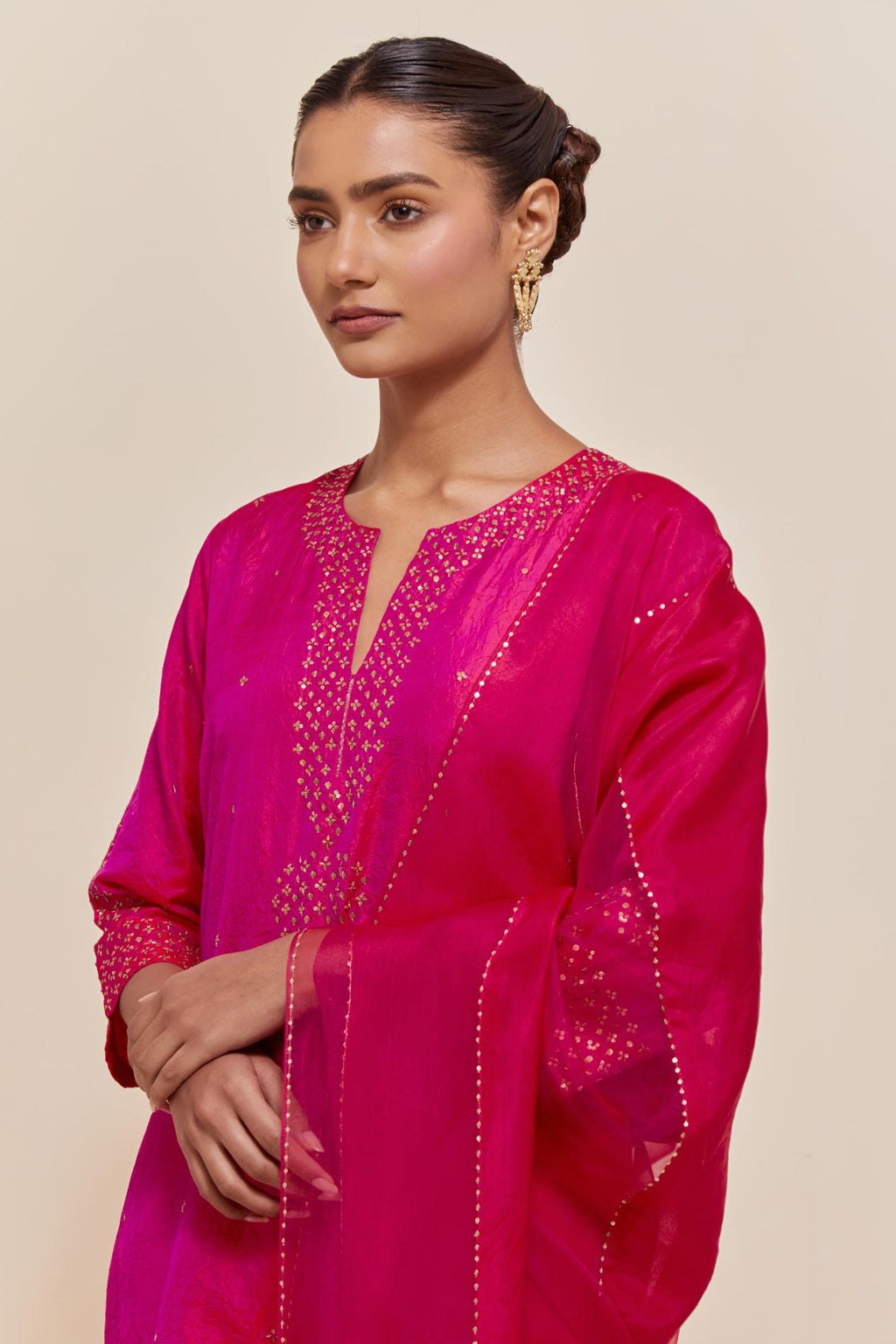 Fuchsia Silk Chanderi straight kurta set featuring all-over hand-embroidered gold sequins.