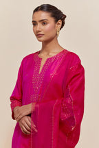 Fuchsia Silk Chanderi straight kurta set featuring all-over hand-embroidered gold sequins.
