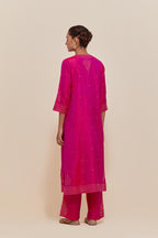 Fuchsia Silk Chanderi straight kurta set featuring all-over hand-embroidered gold sequins.