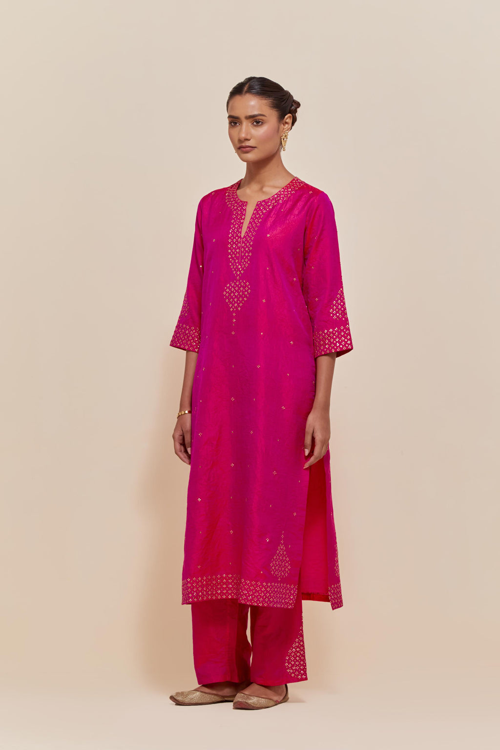 Fuchsia Silk Chanderi straight kurta set featuring all-over hand-embroidered gold sequins.