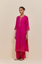 Fuchsia Silk Chanderi straight kurta set featuring all-over hand-embroidered gold sequins.