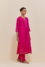 Fuchsia Silk Chanderi straight kurta set featuring all-over hand-embroidered gold sequins.