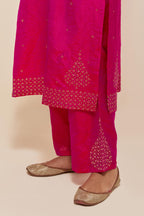 Fuchsia Silk Chanderi straight kurta set featuring all-over hand-embroidered gold sequins.